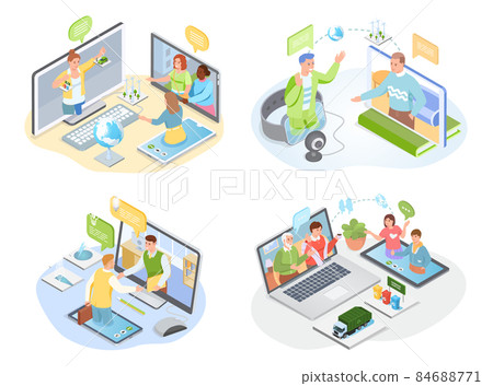 Set of illustrations about people communicating online with friends, relatives, colleagues Set of illustrations about people communicating online with friends, relatives, colleagues 84688771