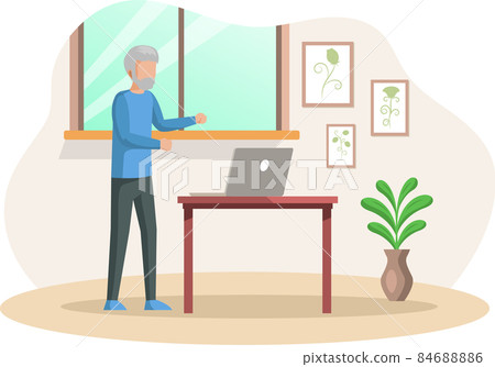 Senior male character, elderly person watching video, chatting, working with laptop at home Senior male character, elderly person watching video, chatting, working with laptop at home 84688886