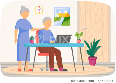 Elderly couple watching video, chatting, working with laptop. Retired people uses computer at home 84688973