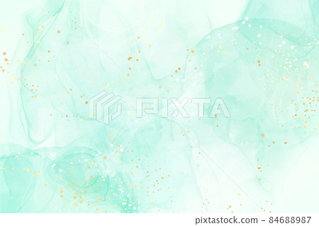 Pastel cyan mint liquid marble watercolor background with gold dots, brush stains. Teal turquoise marbled alcohol ink drawing effect. Vector illustration backdrop, watercolour wedding invitation 84688987