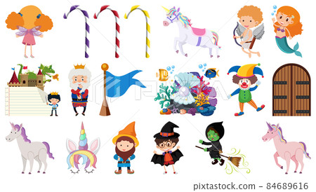 Set of isolated fairytale cartoon characters and objects Set of isolated fairytale cartoon characters and objects 84689616