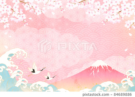 祝賀櫻花、富士山、波浪和起重機柔和的顏色矢量圖背景 84689886