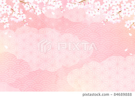Pastel color vector illustration background of cherry blossoms and Japanese pattern clouds 84689888