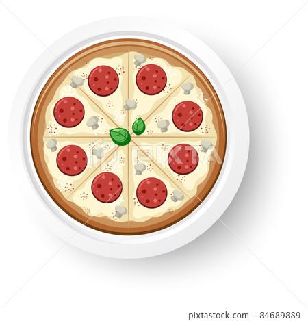 Top view of salami cheese pizza on white background 84689889