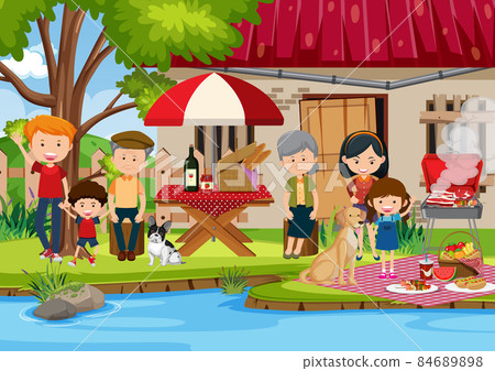 Happy family picnic at the yard Happy family picnic at the yard 84689898