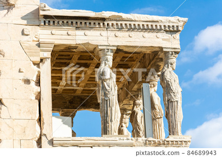 Plaster casts of maiden columns, the Caryatids, of the  Erechtheion temple at the Acropolis of Athens in Greece. 84689943