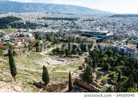 View over the ruined Theatre of Dionysos in the Acropolis of Athens, Greece 84689946
