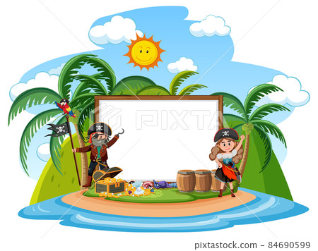 Pirates on the island with blank banner template isolated 84690599