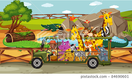 Safari scene with wild animals in a tourist car 84690601