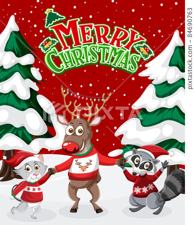 Merry Christmas poster with reindeer and animals Merry Christmas poster with reindeer and animals 84690763