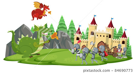 Knights fight with dragon at the castle 84690773