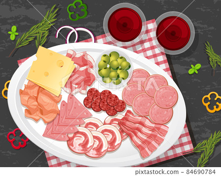 Lunch meat set with different cold meats on platter Lunch meat set with different cold meats on platter 84690784