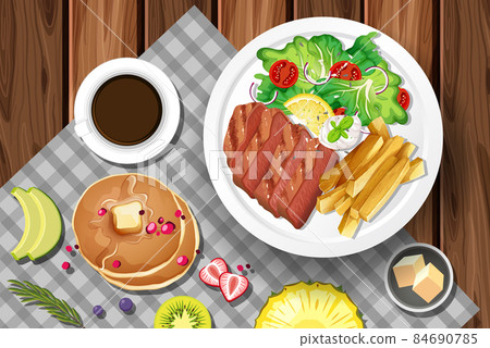 Steak with coffee and pancake on the table 84690785