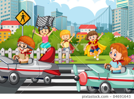Outdoor scene with children racing car Outdoor scene with children racing car 84691643