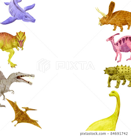 Dinosaurs border. Watercolor tyrannosaurus, Spinosaurus, Pteranodon, Ankylosaurus, Mosasaurus Dinosaurs border. Watercolor tyrannosaurus, Spinosaurus, Pteranodon, Ankylosaurus, Mosasaurus 84691742