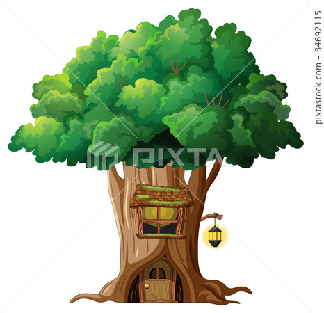 Fantasy tree house inside tree trunk on white background Fantasy tree house inside tree trunk on white background 84692115