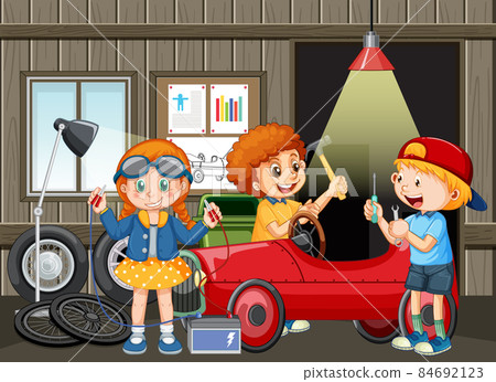 Garage scene with children fixing a car together Garage scene with children fixing a car together 84692123
