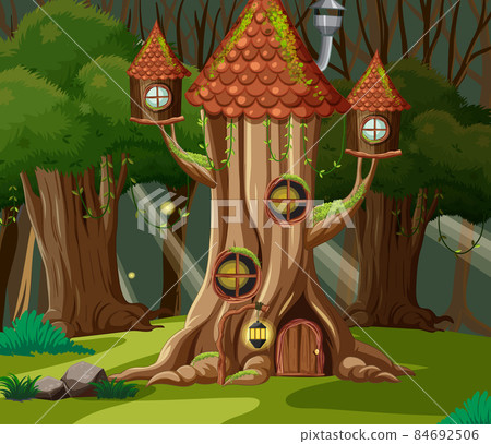 Fantasy forest background with tree house - Stock Illustration ...