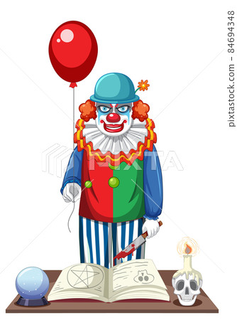 Creepy clown holding balloon on white background Creepy clown holding balloon on white background 84694348