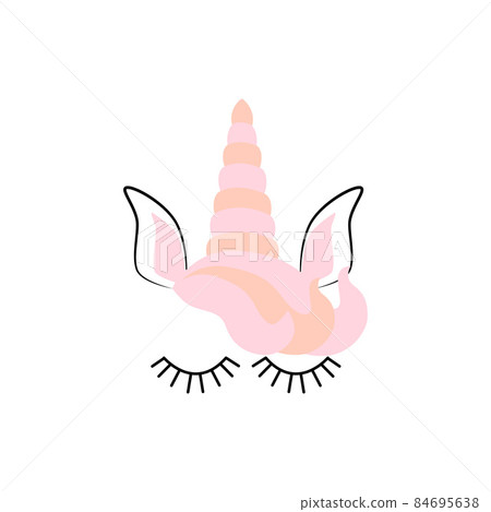 Fabulous cute unicorn with golden gilded horn and closed eyes. Unicorn's Horn with Flowers and Eyelashes 84695638