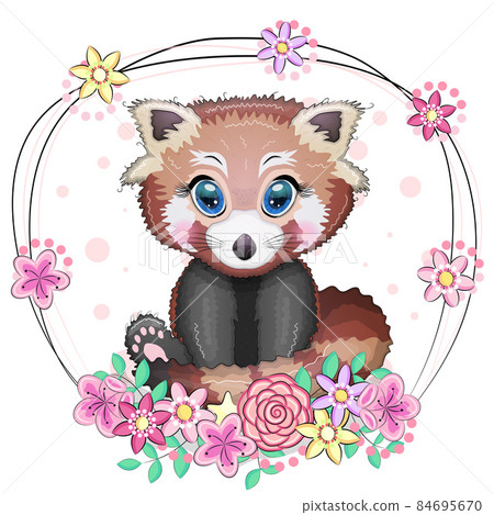 Red panda, cute character with beautiful eyes, bright childish style. Rare animals, red book, cat, bear. 84695670