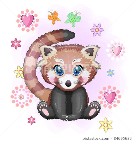 Red panda, cute character with beautiful eyes, bright childish style. Rare animals, red book, cat, bear. 84695683