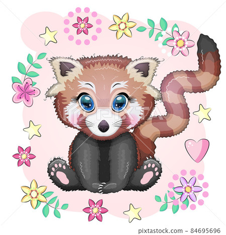 Red panda, cute character with beautiful eyes, bright childish style. Rare animals, red book, cat, bear. 84695696