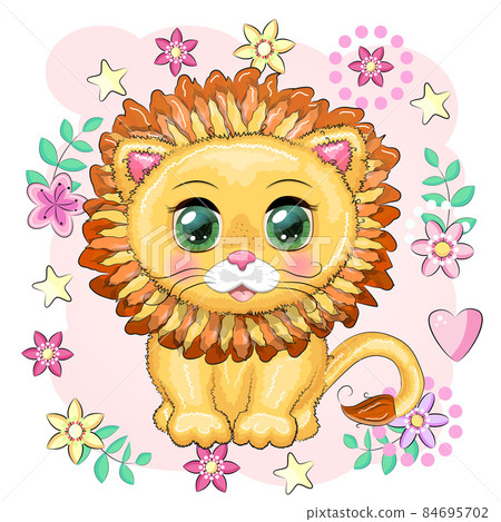 Cartoon lion with expressive eyes with flowers. Wild animals, character, childish cute style Cartoon lion with expressive eyes with flowers. Wild animals, character, childish cute style 84695702