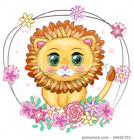 Cartoon lion with expressive eyes with flowers. Wild animals, character, childish cute style Cartoon lion with expressive eyes with flowers. Wild animals, character, childish cute style 84695703