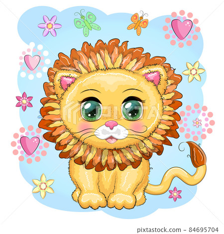 Cartoon lion with expressive eyes with flowers. Wild animals, character, childish cute style 84695704