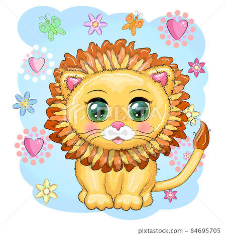 Cartoon lion with expressive eyes with flowers. Wild animals, character, childish cute style Cartoon lion with expressive eyes with flowers. Wild animals, character, childish cute style 84695705