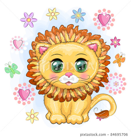 Cartoon lion with expressive eyes with flowers. Wild animals, character, childish cute style Cartoon lion with expressive eyes with flowers. Wild animals, character, childish cute style 84695706