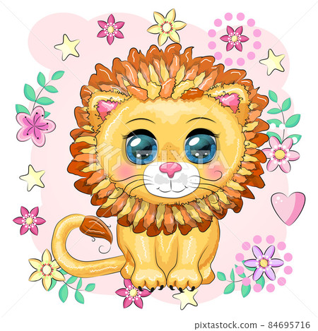 Cartoon lion with expressive eyes with flowers. Wild animals, character, childish cute style Cartoon lion with expressive eyes with flowers. Wild animals, character, childish cute style 84695716