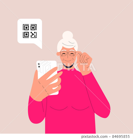 Cute elderly woman holding smartphone with QR sign. Concept of electronic id, vaccine passport or certificate, QR verification, online shopping. Flat vector illustration for UI, app. Eps 10. Cute elderly woman holding smartphone with QR sign. Concept of electronic id, vaccine passport or certificate, QR verification, online shopping. Flat vector illustration for UI, app. Eps 10. 84695855