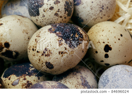 Food background top view of quail eggs close-up containing vitamin A, B, PP, B12, amino acids, beta-carotene, calcium, magnesium, iron, phosphorus, protein, choline, riboflavin, folic acid, selenium Food background top view of quail eggs close-up containing vitamin A, B, PP, B12, amino acids, beta-carotene, calcium, magnesium, iron, phosphorus, protein, choline, riboflavin, folic acid, selenium 84696024