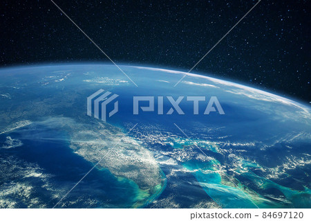 Blue planet earth with ocean and continents in open space on the starry sky 84697120