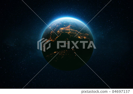 Amazing beautiful blue planet Earth with bright night city lights in starry space. Life Concept. Civilization. Space Wallpaper. Amazing beautiful blue planet Earth with bright night city lights in starry space. Life Concept. Civilization. Space Wallpaper. 84697137