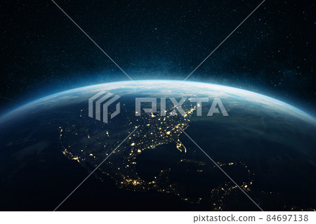 Beautiful blue planet earth with lights of night cities USA, South and North America. View of the night planet from space 84697138