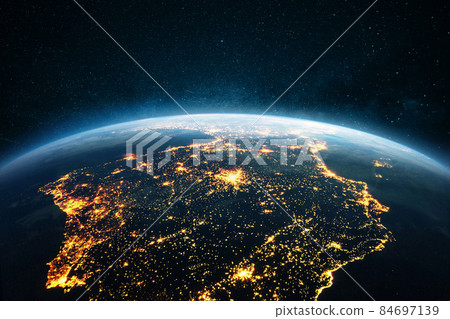 Beautiful blue night planet earth with the lights of the cities - Spain and Portugal, view from space Beautiful blue night planet earth with the lights of the cities - Spain and Portugal, view from space 84697139