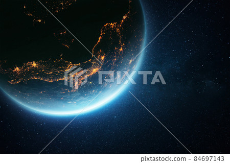 Beautiful amazing planet earth with a blue glow and city lights at night in outer space. Humanity and Life Concept Beautiful amazing planet earth with a blue glow and city lights at night in outer space. Humanity and Life Concept 84697143