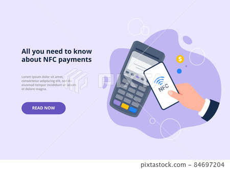 Processing of NFC payment. POS terminal with smartphone. Contactless payment, near-field communication protocol, and e-payment. Vector flat illustration for banners, landing page. Processing of NFC payment. POS terminal with smartphone. Contactless payment, near-field communication protocol, and e-payment. Vector flat illustration for banners, landing page. 84697204
