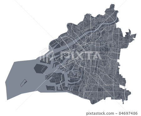 Osaka city map. Detailed black map of Osaka poster with streets, land vector. 84697486