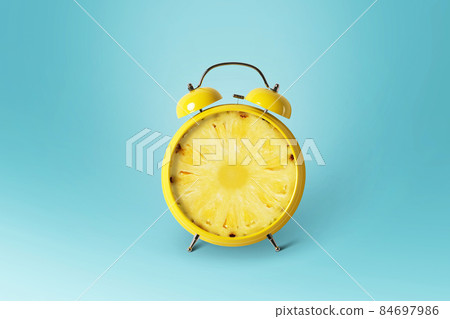 Creative idea pineapple alarm clock on pastel blue background. Funny concept and summer bright design. Time for a juicy pineapple 84697986