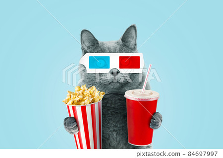 Funny hipster cat in 3D stereo glasses eating popcorn and a drinks coke at the movies on a blue background. Funny hipster cat in 3D stereo glasses eating popcorn and a drinks coke at the movies on a blue background. 84697997