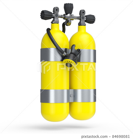 Yellow diving tanks or balloons full oxygen for snorkeling isolated on a white background. 3d render of scuba diving and sport equipment for summer holidays 84698081
