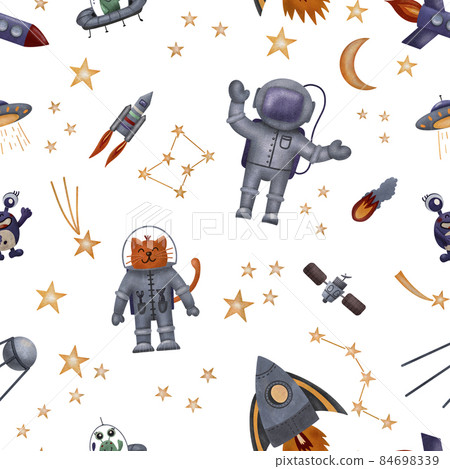 Seamless pattern with space, star, spaceship, cosmonaut, cat and alien for walpaper, kids, textile design. 84698339