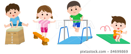 Vaulting box balance beam horizontal bar mat exercise boys and girls gymnastics set illustration 84699869