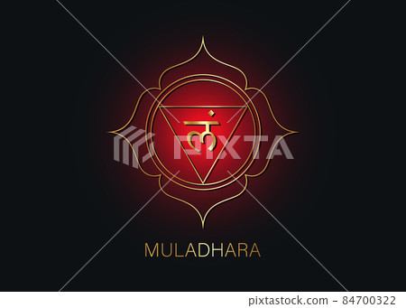 Muladhara chakra logo template. First root chakra symbol. Red and Gold sacral sign meditation, yoga mandala icon vector isolated on black background Muladhara chakra logo template. First root chakra symbol. Red and Gold sacral sign meditation, yoga mandala icon vector isolated on black background 84700322
