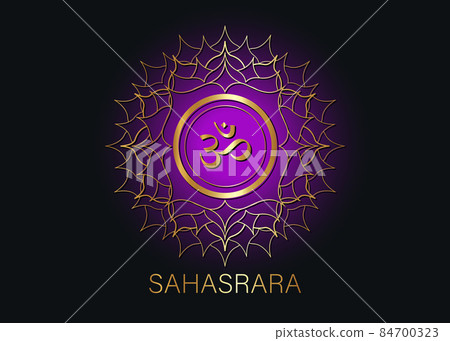 seventh chakra Sahasrara logo template. Crown chakra symbol, Purple golden sacral sign meditation, yoga round mandala icon. Gold symbol Om in the center, vector isolated on black background seventh chakra Sahasrara logo template. Crown chakra symbol, Purple golden sacral sign meditation, yoga round mandala icon. Gold symbol Om in the center, vector isolated on black background 84700323