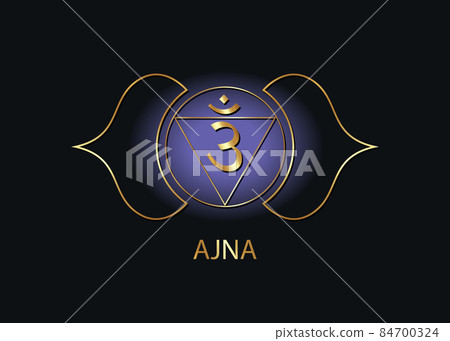Third eye chakra Ajna logo template. The sixth frontal chakra, sacral gold sign meditation, yoga blue and purple round mandala icon vector isolated on black background Third eye chakra Ajna logo template. The sixth frontal chakra, sacral gold sign meditation, yoga blue and purple round mandala icon vector isolated on black background 84700324